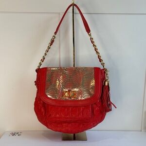 NWOT Carlos Falchi Chi Red Lambskin and Reptile Large Quilted Bag with Duster